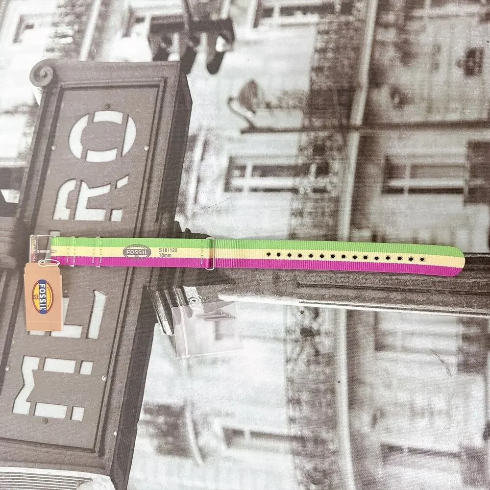 Fossil S181120 18mm Nylon Watch Strap Green Yellow Magenta Stripe Band NWT